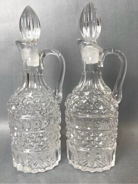 Pair (2) Vintage Pressed Glass Oil & Vinegar Cruets w Glass Stoppers.